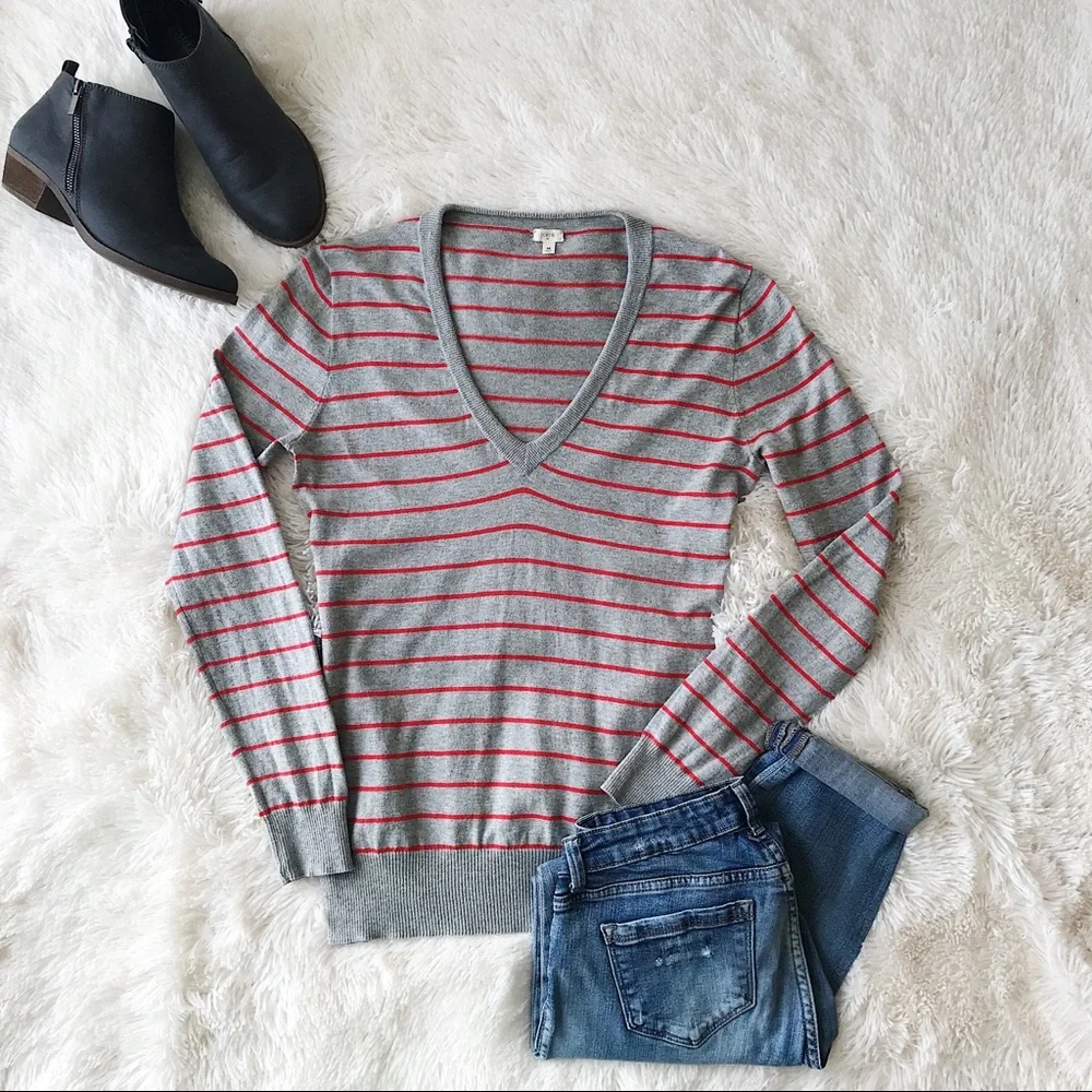 J. Crew Factory grey and orange striped vneck sweater Sz M